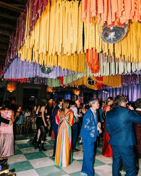 Ashley White | Let’s dance 😉🪩🍸 Cutie couple @koble_ @umamipapi Photo @ashleywhitephoto Planner, decor, florals @alchemyeventstudio Video… | Instagram Disco Wall Wedding, Super Colorful Wedding, 70 Party Ideas Decoration, Colorful Disco Wedding, Club Party Decorations, 70’s Wedding, Disco Ceiling, 60s Party Decorations, Club Party Ideas