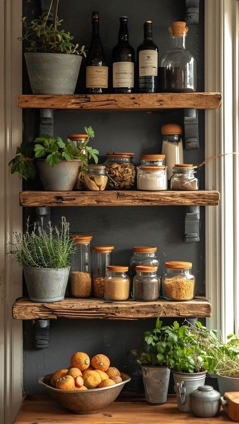 Small Farmhouse Kitchen Decor Ideas, Open Shelves Kitchen, Kitchen Open Shelving Ideas, Open Kitchen Shelving, Rustic Kitchen Shelves, Botanical Kitchen, Farmhouse Kitchen Inspiration, Kitchen Shelf Decor, Shelf Kitchen