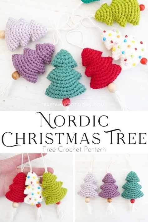 Crochet Christmas Tree Bunting Free Pattern, Crochet Small Christmas Ornaments Free Pattern, Mini Crochet Christmas Tree Ornaments, Crochet Scandinavian Christmas Ornaments, Crochet Christmas Tree Amigurumi, Crochet Christmas Tree With Beads, Quick Crochet Projects Christmas, Beaded Crochet Ornaments, Christmas Crochet Angel Free Pattern