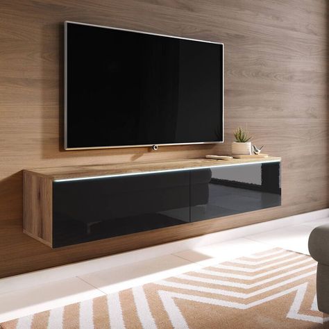 Mobilier d'intérieur > Meuble de salon > Meuble TV DECO IN PARIS, Meuble TV suspendu spacieux avec 2 portes en bois chê,ne vieilli et noir laqué, avec led. Banc TV design contemporain à, petit prix idé,al pour votre sé,jour moderne et tendance Floating Tv Cabinet, Hanging Tv, Tv Stand Cabinet, Floating Tv, Tv Design, Electric Fires, Mobile Tv, Table Tv, Home Cinema