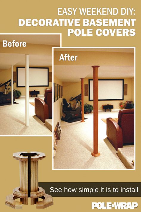 An easy way to transform your basement - no major remodel work required. Simply cover existing structural support columns with POLE-WRAP. Our Decorative Basement Pole Covers are quick and easy to install. Simply cut to fit and install with construction adhesive. Find out more at polewrap.com or buy yours today from The Home Depot or HomeDepot.com. #thebasement Basement Pole Wrap, Basement Pole Covers, Basement Bar Decor, Bar Decor Ideas, Basement Remodel Ideas, Basement Poles, Remodeling Basement, Basement Decoration, Basement Conversion