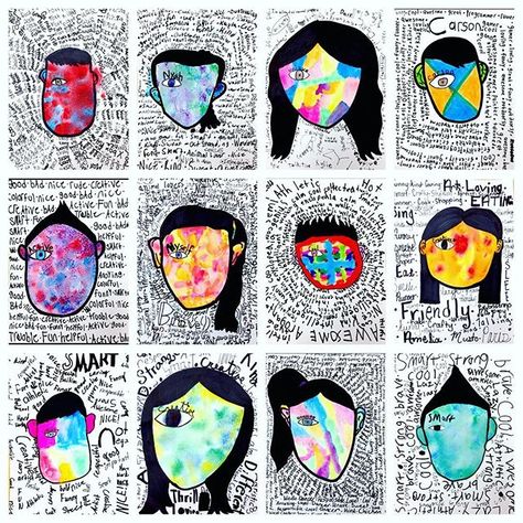 Abstract self portraits inspired by @tadcarpenter's cover art for Wonder. Fifth graders drew their face and hair. Traced with bold lines and colored the hair in like a silhouette. They spent two Class days exploring three different paint materials/techniques, and creating word lists and practice word clouds They explored @kwikstixpaint, #jackricheson neon tempera cakes, and wet-on-wet liquid watercolors with salt. They selected their own technique and design and painted their faces and ears. The Exploring Lines In Art, Self Portrait Abstract, Paint Materials, Word Clouds, Self Portrait Art, 4th Grade Art, 5th Grade Art, Self Portraits, Collaborative Art