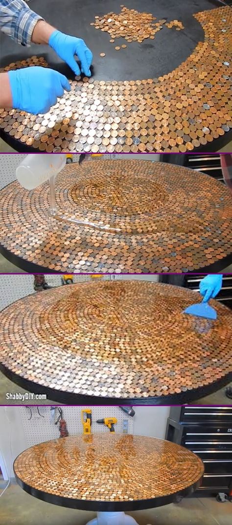 DIY Penny Table Top Project Tutorial Video - Glaze Coated Diy Table Top Ideas, Penny Table Top, Penny Table Tops, Table Top Ideas, Penny Table, Penny Floor, Vintage Upcycling, Resin Table Top, Diy Table Top