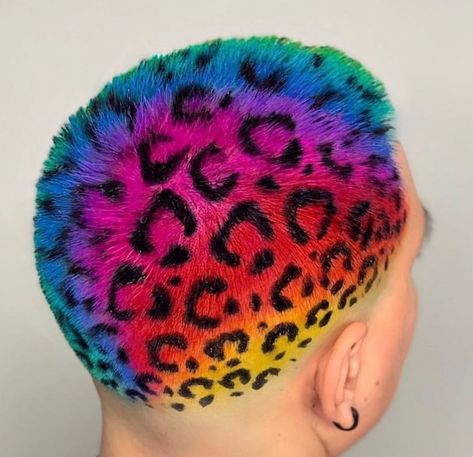 Dyed Beard, Buzzcut Designs, Pixie 2024, Undercut Ideas, Beard Makeup, Silly Clown, Cheetah Print Hair, Shaved Head Designs, Clown Hair