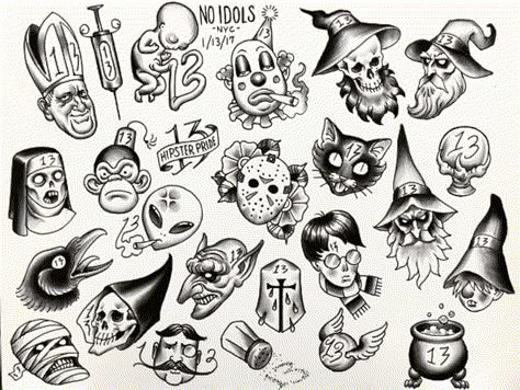 Friday The 13th Tattoo Flash, Friday The 13th Flash, Friday The 13th Tattoo, Catrina Tattoo, Flash Sheets, 13 Tattoos, Arte Doodle, Creepy Drawings, Flash Tattoo Designs