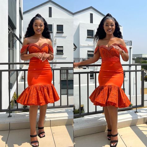 African Traditional Skirts, Orange Traditional Dresses African, Orange Traditional Dresses, Orange Traditional Wear With Traditional Patterns, Orange Traditional Wear With Traditional Patterns For Festive Occasions, Roora Outfits, Lobola Outfits Bridesmaids, Orange Shweshwe Dresses, Roora Dresses