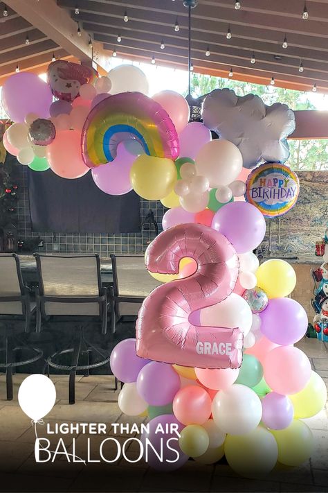 10' Organic Demi Arch, organic balloon arch, with personalized number "2" for birthday girl, and rainbows and happy birthday balloons. Using all pastel balloons plus white. Number 2 For Birthday, Unicorn Balloon Arch, Organic Balloon Arch, Balloons Rainbow, Unicorn Balloons, Unicorn Balloon, Pastel Balloons, Rainbow Balloons, Happy Birthday Balloons