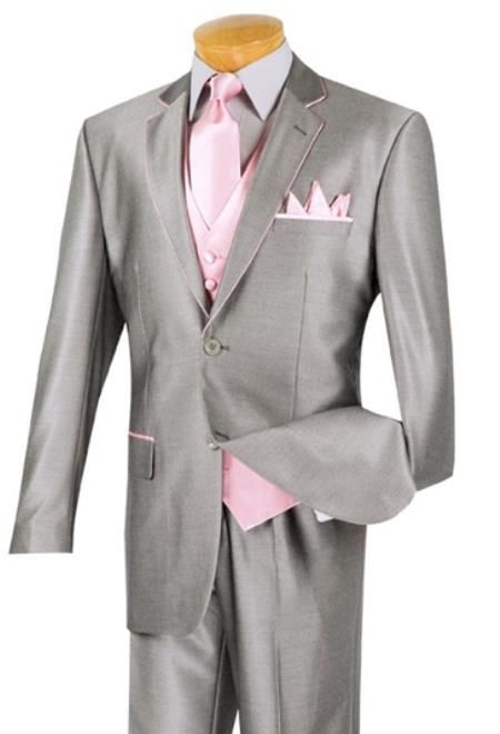 2 Button Single Breasted Notch Label One Chest Pocket Two Flap Front Pockets Double Back Side Vents Matching Pocket Square and Tie Full Lining Interior Color: Grey and Pink Grey And Pink Suit, Pink Tux, Pink Prom Suit, Tux Prom, Grey Tux, Grey Tuxedo, Prom Suits For Men, Shirt And Tie, Church Suits