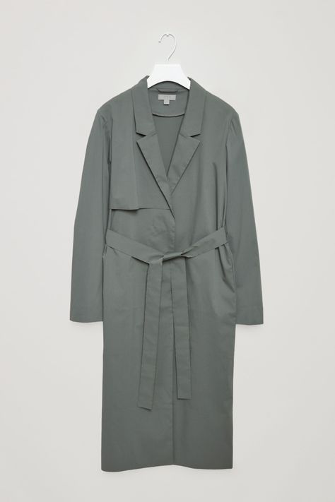 COS image 4 of Tailored trench coat in Sage Green Outer Ideas, Essentials Wishlist, Fall Costume, Wrinkled Clothes, Workwear Essentials, Grey Trench Coat, October 1st, Belted Trench Coat, Belted Coat