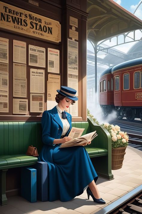 Vintage Reading at the Train Station. A woman reads a book... by Athina Dimitriadou - Playground Retro Train Station, Vintage Train Station, Vintage Reading, Girl Reading Book, Luxury Tents, Royal Life, Pulp Art, Vintage Train, Woman Reading