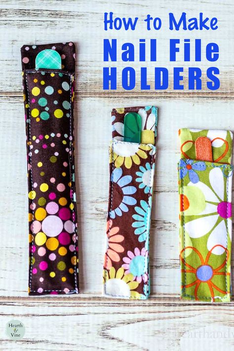 Three different fabric pattern and sized nail file holders. Fabric Nail File Holder Tutorial, Nail File Holder Tutorial, Nail File Holder, Aldi Quarter Holder Diy, Church Volunteer Appreciation Gifts, Key Fobs Diy, Fat Quarter Sewing Projects, Volunteer Appreciation Gifts, File Holder