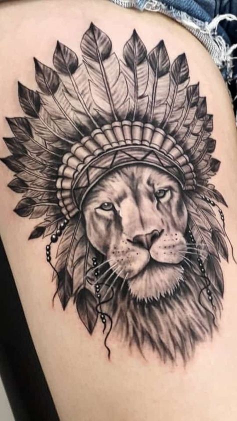 Lion Indian Headdress Tattoo, Lion With Headdress Tattoo, Lion With Indian Headdress Tattoo, Lion Indian Tattoo, Indian Lion Tattoo, Lion Headdress Tattoo, Lion Tattoo Ideas For Men, Red Indian Tattoo, Lion Tattoo Ideas