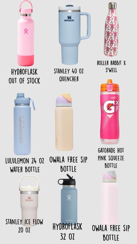 #preppy #waterbottles #blowup #trending #lululemon #rollerrabbit #owla #stanley #gatorade #hydroflask Back To School Water Bottles, Waterbottles Hydroflask, Preppy Water Bottle, Gatorade Water Bottle, Lululemon Water Bottle, Before School Routine, School Emergency Kit, School Water Bottles, School Suplies