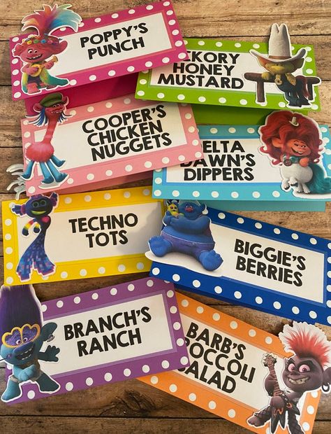 Trolls Inspired Food Signs | Etsy Trolls Party Food, Troll Party Theme, Trolls Birthday Cake, Trolls Birthday Party, Troll Party, Food Signs, Birthday Party Food, Food Names, Third Birthday