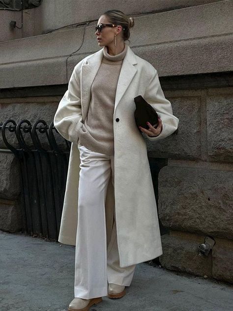 Long White Coat Outfit, Long Coats For Women Casual, White Coat Outfit, Colorfull Style, White Long Jacket, Long White Coat, Female Jacket, Fleece Patterns, Elegant Coats