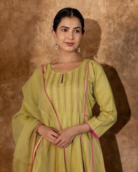 Summer collection - New Arrivals! Embrace the sunny side of life with summer brights from “Rangsutra”! A fun shade of fuchsia adds a burst of contrast to the beautiful citrine colour of our Heena Kurta. [ Cottons Jaipur, Cotton, Solids, Handmade Kurtas, Everyday-wear, Summer staples ] #cottons #cottonsjaipur #newarrivals #floral #summer #summer2024 #handcraftedkurtas #comfortfits #cottonsuitset #summertime #summerstaples #solids #solidkurtas #summerfloral #cottonkurta #embroidery #handemb... Cottons Jaipur, Nikah Dress, Fuschia Pink, Pink Flats, Embroidery Neck Designs, Handmade Hair Accessories, Hand Embroidery Design Patterns, Stylish Dress Designs, Hand Embroidery Design