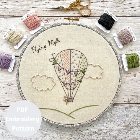 Digital Patterns Hot Air Balloon Embroidery, Air Balloon Embroidery, Balloon Embroidery, Baby Remembrance, Embroidery Sampler, Remembrance Gifts, Sewing Blogs, Modern Embroidery, Embroidery Kit