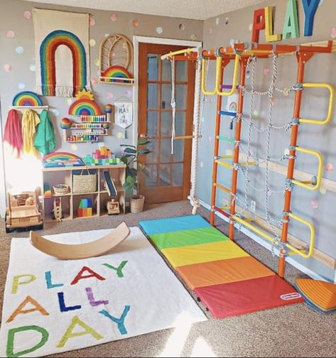 Purple Playroom, Rainbow Playroom Ideas, Kids Play Area Indoor, Kids Indoor Gym, Playroom Paint Colors, Indoor Playroom, Diy Playroom, Colorful Playroom, Cool Kids Rooms