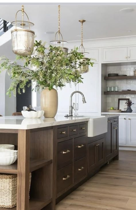 Kitchen With Natural Wood Island, Maple Island Kitchen, Stained Island Kitchen, Timeless Kitchen Wood Cabinets, Kitchen Island Stain Colors, Wood Kitchen Island Ideas, Island With Farmhouse Sink, Stained Kitchen Island, Kitchen Wood Island