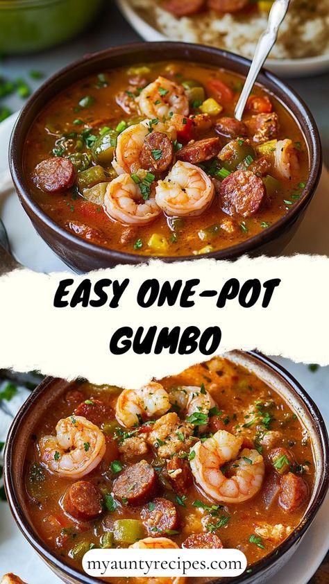 Simplify your cooking with this easy one-pot shrimp and sausage gumbo. This recipe ensures minimal cleanup while delivering maximum flavor with every bite. Enjoy the perfect blend of spices, fresh ingredients, and hearty goodness in just one pot! Chicken Sausage Shrimp Okra Gumbo, Instant Pot Seafood Gumbo, One Pot Gumbo, Smoked Sausage Gumbo, Easy Crockpot Gumbo Recipe, Easy Shrimp And Sausage Gumbo, Chicken And Seafood Gumbo, Shrimp And Sausage Gumbo Recipe Easy, Chicken Sausage And Shrimp Gumbo Easy Recipes