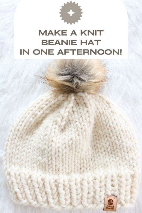 chunky knit beanie hat Knit A Hat For Beginners, Beginner Knit Hat, How To Knit A Hat, Knit Hat Pattern Easy, Knit A Hat, Bulky Yarn Patterns, Beginner Knit, Easy Knit Hat, Beanie Pattern Free