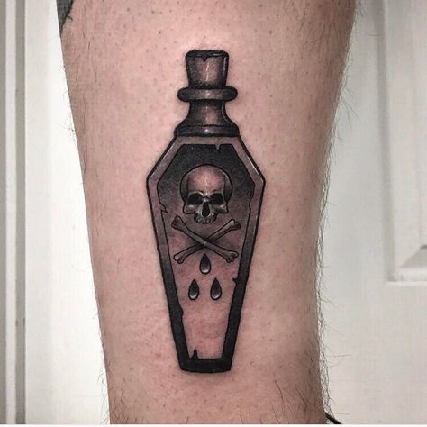 Skull In A Jar, Poison Bottle Tattoo, Poison Tattoo, Coffin Tattoo, Glyph Tattoo, Literary Tattoos, Bottle Drawing, Bottle Tattoo, Triangle Tattoos