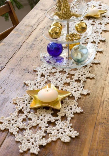 Crocheted Snowflake Table Runner Snowflake Table Runner, Snowflake Table, Christmas Table Runner Pattern, Crochet Snowflake Pattern, Crochet Table Runner Pattern, Christmas Dinner Table, Easy Crochet Patterns Free, Christmas Runner, Crochet Snowflakes