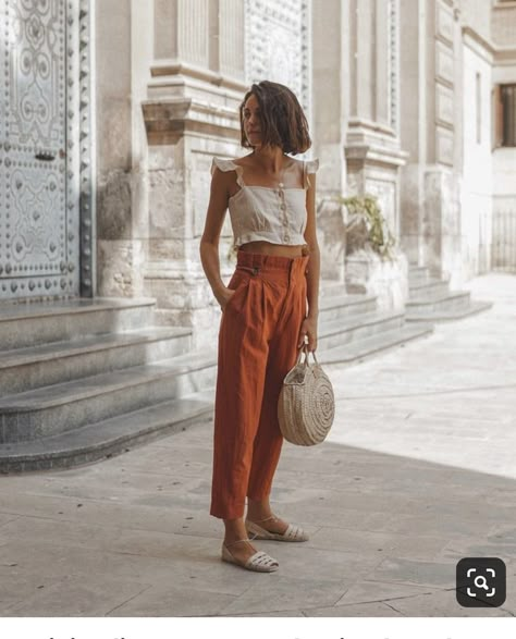 Orange Linen Pants, Minimalist Summer Style, Cute Vacation Outfits, Jumpsuit Outfits, Cooler Look, Summer Inspo, 가을 패션, Summer Fashion Outfits, White Crop Top