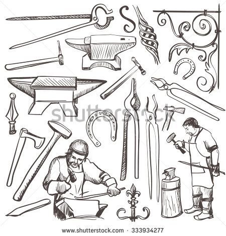 Blacksmith Drawing, Medieval Forge, Blacksmith Workshop, Medieval Drawings, Blacksmith Tools, Blacksmith Shop, Metal Working Tools, Drawing Images, Editorial Illustration