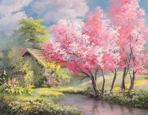 Kevin Hill Paintings, Cute Pastel Aesthetic, Cool Screensavers, Kevin Hill, Hill Painting, Coloring By Numbers, Spring Drawing, Horizontal Painting, Forest Drawing