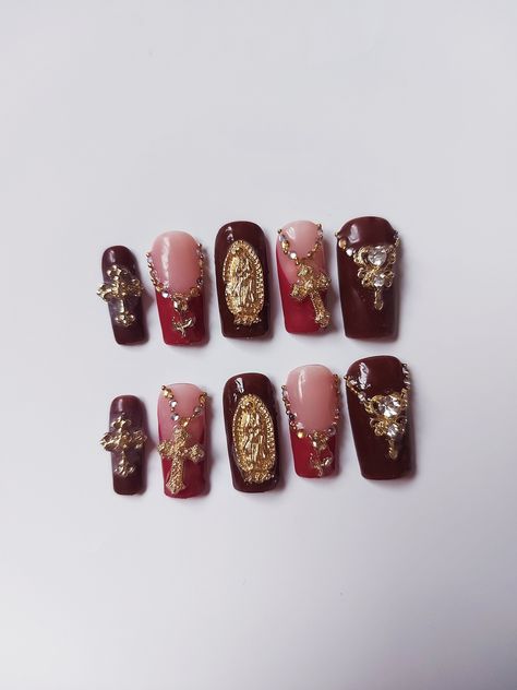 Red And Brown Nails, Virgin Mary Nails, Catholic Nails, Virgin Mary Aesthetic, Rosary Nails, Mary Nails, Play Instruments, Nails With Red, Cross Nails