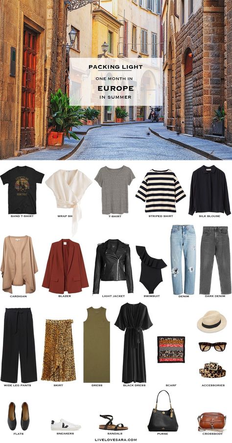 Are you going to Europe for 4 weeks this summer and don't know what to pack? The average length for most North Americans taking a European vacation is 10-14 days. This european packing list is for a one month trip in summer. It is not for a particular country or city, but for those that plan on going from city to city and much slower pace. A packing list for europe | summer travel | #carryononly #travellight #travelwardrobe #livelovesara Outfits For Traveling In Europe Summer, Packing For Europe In May, Summer Clothes For Europe, Travel Capsule Summer Europe, City Vacation Packing List, Two Week Packing List Europe, European Travel Capsule Wardrobe, European Fashion Summer 2024, Summer Europe Packing List