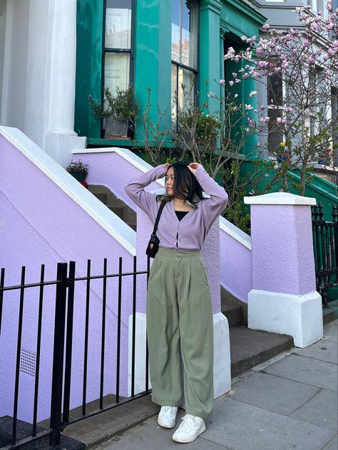 #fashion #lilac #pastel #ootd Lilac Green Outfit, Lavender And Olive Green Outfit, Lilac Top Outfit Color Combos, Lilac And Green Outfit, Lilac Outfit Ideas Color Combos, Pastel Ootd, Olive Green Outfit, Lavender Outfit, Lilac Pastel