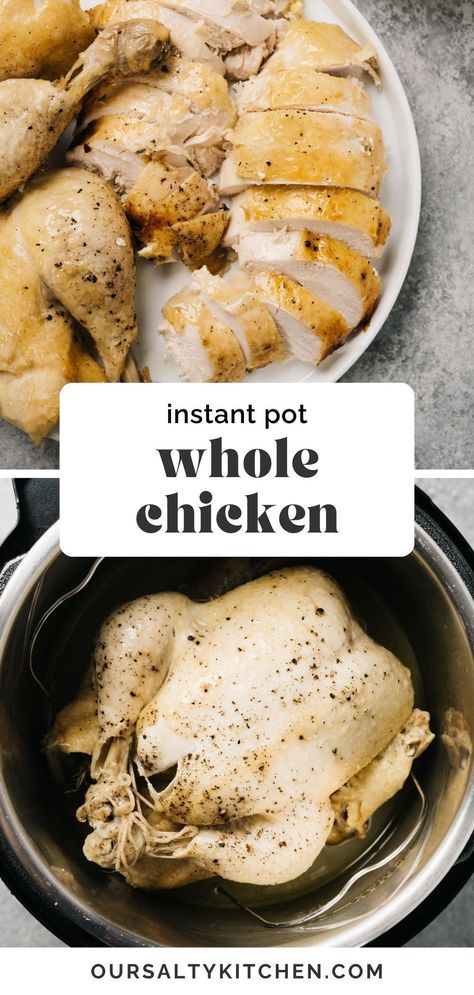 The Instant Pot makes quick work of roasting a whole chicken. Pressure cooking yields succulent and flavorful chicken, ready in as little as 1 hour. If you're a fan of tender and juicy rotisserie style chicken, the Instant Pot is the way to make it! The meat practically falls apart, so it's great for shredding and to use in recipes all week long. This method is so easy and a great Instant pot recipe for beginners. #instantpot #chickenrecipes #wholechicken #healthyrecipes Pressure Cooked Chicken, Instant Pot Whole Chicken, Chicken With Gravy, Chicken In The Instant Pot, Pressure Cooking Chicken, Pressure Cooker Recipes Chicken, Whole Chicken Recipe, Whole Chicken Recipes, Quick Chicken