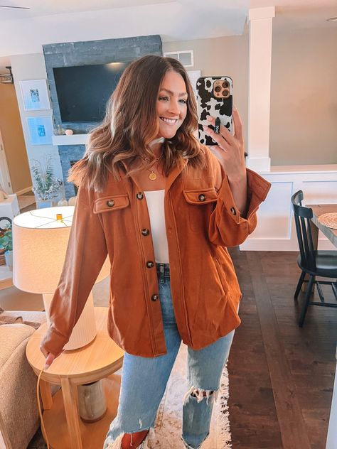 Rust Colored Shacket Outfit, Burnt Orange Shacket Outfit, Courdory Shacket Outfit, Courderoy Shacket Outfit, Orange Corduroy Jacket Outfit, Orange Shacket Outfit, Burnt Orange Jacket Outfit, Corduroy Shacket Outfit, Wool Jacket Outfit