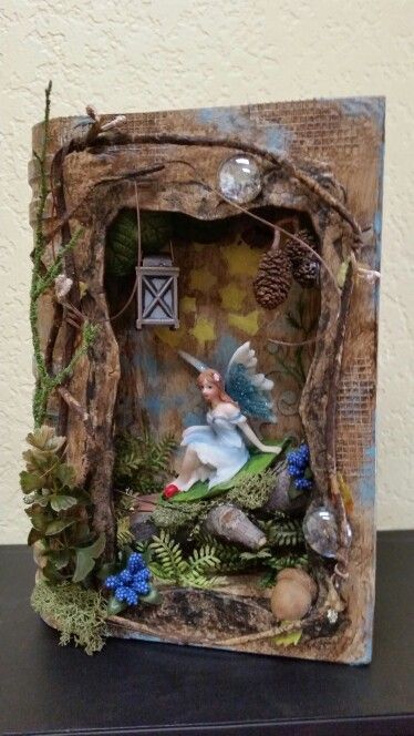 Book Diorama, Wood Fairy, Book Fairy, Fairy Garden Designs, Clay Fairies, Fairy Crafts, Shadow Box Art, Fairy Garden Houses, Diy Fairy