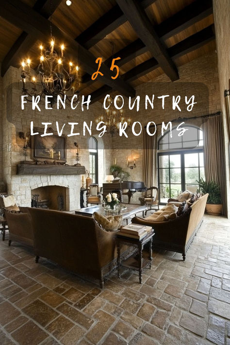 Dreaming of a French country living room? Click for 25 enchanting decor ideas that'll transport you to a rustic yet chic countryside! 🌿🛋️ #FrenchCountry #LivingRoomInspiration #ChicDecor #RusticElegance #HomeStyle Fireplace Decor French Country, French Country Fireplace Ideas, Rustic French Country Living Room, Modern French Country Living Room, French Country Living Room Ideas, French Countryside Decor, Ralph Lauren Home Living Room, French Country Family Room, French Country Fireplace