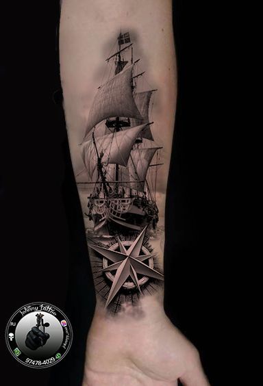 Compass Ship Tattoo, Ship Tattoos For Men, Tattoo Designs Men Arm, Ship Tattoo Design, Ship Tattoo Sleeves, Berg Tattoo, Pirate Ship Tattoos, Nautical Tattoo Sleeve, Pirate Ship Tattoo