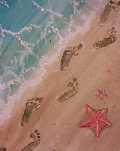 Footprints in sand Drawing In The Sand, Boston Pizza, Starfish Painting, Wine And Canvas, Crab Shack, Paint Nite, Sand Painting, Paint And Sip, Night Painting