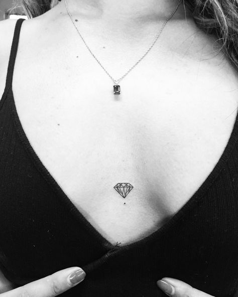 Sternum Diamond Tattoo, Minimal Diamond Tattoo, Minimalist Diamond Tattoo, Tattoo Ideas Diamond, Geometric Tattoo Diamond, Small Jewel Tattoo, Dainty Diamond Tattoo, Fine Line Diamond Tattoo, Small Diamond Tattoos For Women