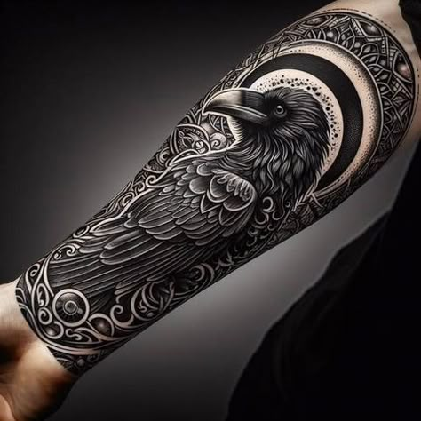 Norse Dragon Tattoo, Jb Tattoo, Crow Tattoo Ideas, Traditional Tattoo Sleeve Filler, Crow Magic, Forearm Cover Up Tattoos, Raven Tattoos, Rabe Tattoo, Crow Tattoo Design