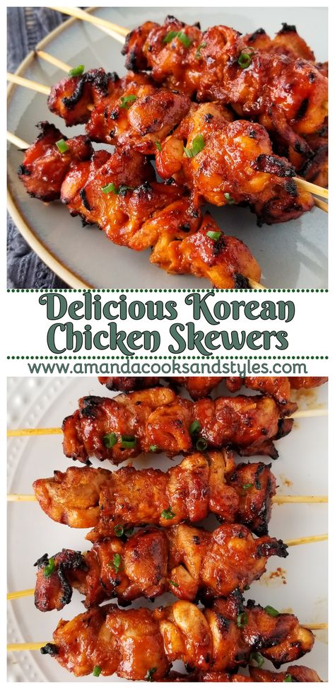 Delicious Korean Chicken Skewers – Amazing slightly spicy, flavor-packed grilled chicken skewers/kabobs marinated with Korean BBQ sauce. Serve with your favorite grilling side dishes! Korean Chicken Kabobs, Korean Pork Skewers, Korean Beef Skewers, Korean Bbq Skewers, Delicious Side Dishes For A Bbq, Chinese Food Side Dishes, Asian Bbq Sides, Korean Barbeque Side Dishes, Korean Bbq Dishes