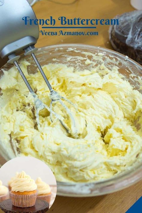 This French buttercream is custardy, silky smooth, and buttery made with egg yolks, sugar syrup, and lots of butter. It takes less than 15 minutes to make and is perfect for frosting cakes, pipe cupcake swirls, and even draped with fondant. #buttercream #French #frenchbuttercream #buttercreamrecipe #frenchfrosting #frechbuttercreamrecipe #meringuebuttercream #howto French Buttercream Frosting Recipe, Different Buttercream, French Buttercream Frosting, Vanilla Icing Recipe, Cooked Frosting, Cookies And Cream Frosting, French Buttercream, It Gets Easier, French Vanilla Cake