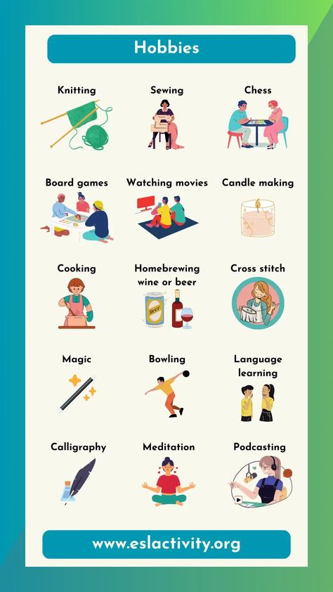 Check out this hobbies chart in English to find out the most popular hobby names. #learnenglish #learningenglish #english #vocab #vocabulary #englishvocab #englishvocabulary #toefl #toeic #ielts #hobby #hobbies #englishhobbies Hobbies Vocabulary English, Hobbies Pictures, English Pie, List Of Hobbies, English Vocabulary List, Adult Activities, English Ideas, Esl Teaching Resources, Esl Vocabulary