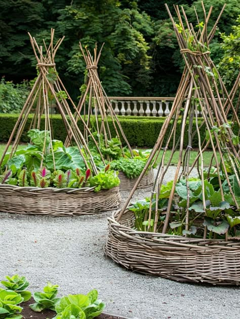 Woven Willow Raised Garden Bed #decorhomeideas Wicker Garden Beds, Protected Garden Beds, Willow Raised Beds, Woven Garden Beds, Wattle Raised Garden Bed, Willow Garden Ideas, Raised Beds Ideas, Willow Garden Structures, Vegetable Gardens Ideas Backyard