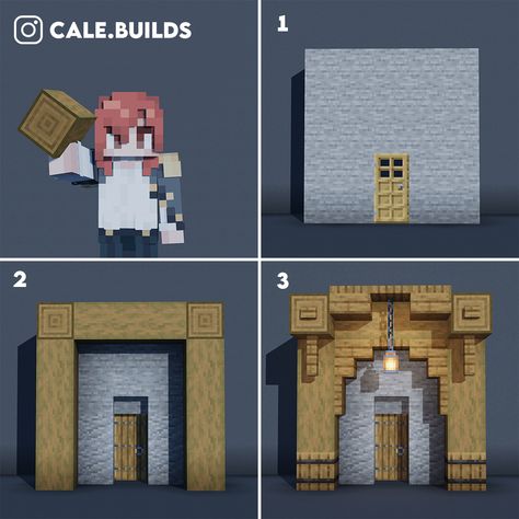 3 Block Doorway Minecraft, Minecraft 2x2 Window Ideas, Mine Door Design, Minecraft Doorframe Ideas, Spruce Doorway Minecraft, Minecraft House Walls Ideas, Minecraft House Doorway, Minecraft House With Mine Entrance, Arch Doorway Minecraft