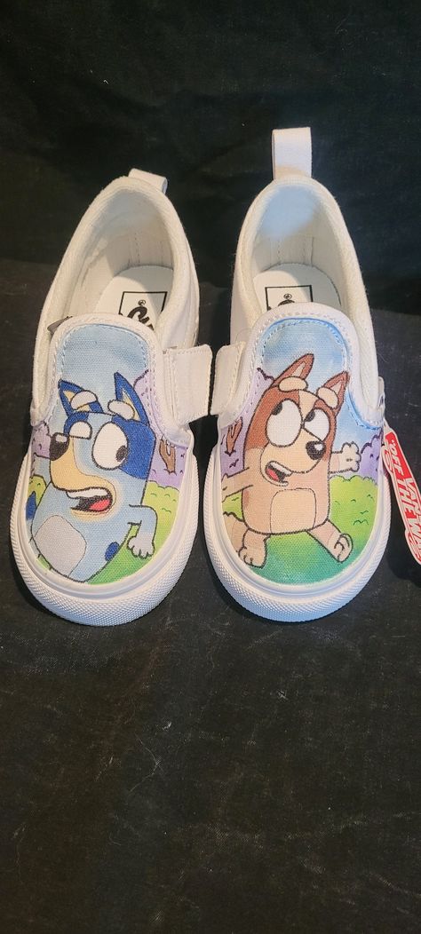 Custom hand drawn Bluey and Bingo shoes Size 7.5 T on genuine Vans  custom orders are also available at tattoomyshoes website Bluey Shoes Diy, Bluey Custom Shoes, Preppy Bluey, Bluey Shoes, Bluey Diy, Drawn Shoes, Bluey Stuff, Paw Print Art, Shoes Cartoon