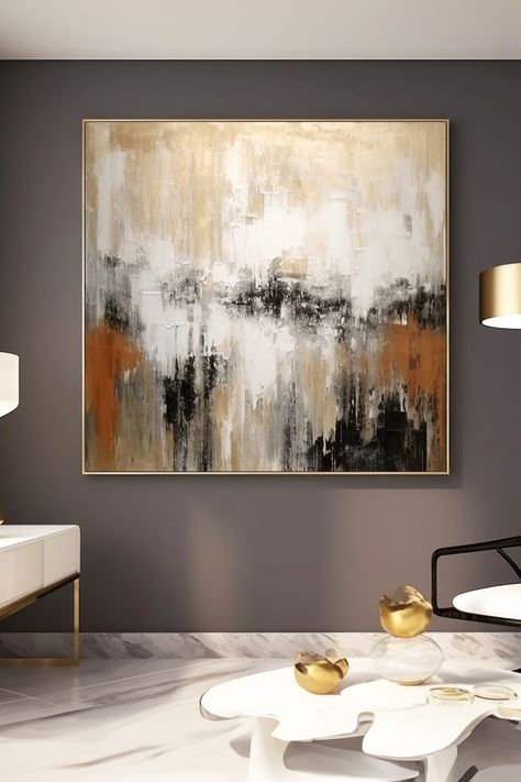 Abstract landscape original handmade painting on large canvas with white, black, and burnt orange tones. Textured brushwork creates a bold modern art piece. Large Canvas Art, Abstract Landscape Painting, Handmade Artwork, Modern Home Decor, Large Canvas, Color Theory, Landscape Painting, Abstract Landscape, Earth Tones