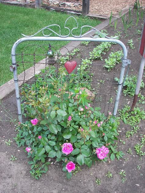 I've got the old garden gate from where I grew up - this is a good idea of how to use it in the garden. Maybe with some climbing roses... Old Garden Gates, Old Garden, Iron Bed, Unique Gardens, Garden Yard Ideas, Outside Ideas, Garden Gate, Garden Trellis, Yard And Garden