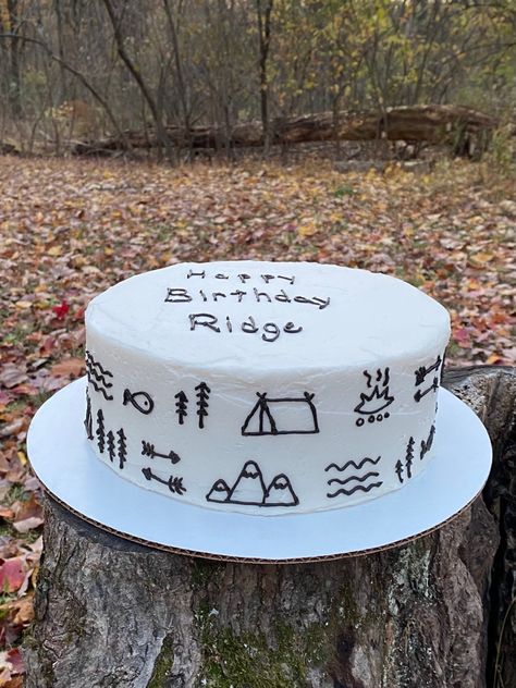 Camping hiking outdoors birthday cake Hiking Birthday Cake, Hiking Cake Ideas, Outdoors Birthday Cake, Hiking Cake, Hiking Birthday, Explorer Birthday Party, Camping Cakes, Lumberjack Party, Plain Cake